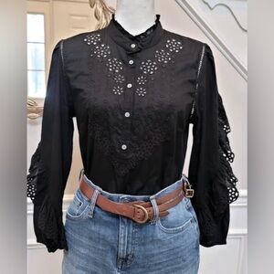J. Crew Eyelet Peasant Blouse Ruffled Eyelet Long Sleeves in Black Size XS